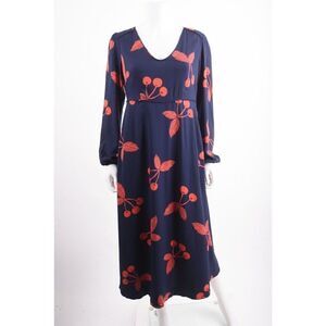 Boden Womens Tanya Midi Dress UK 8 US 4 Navy Blue Red Cherries V-Neck NWT